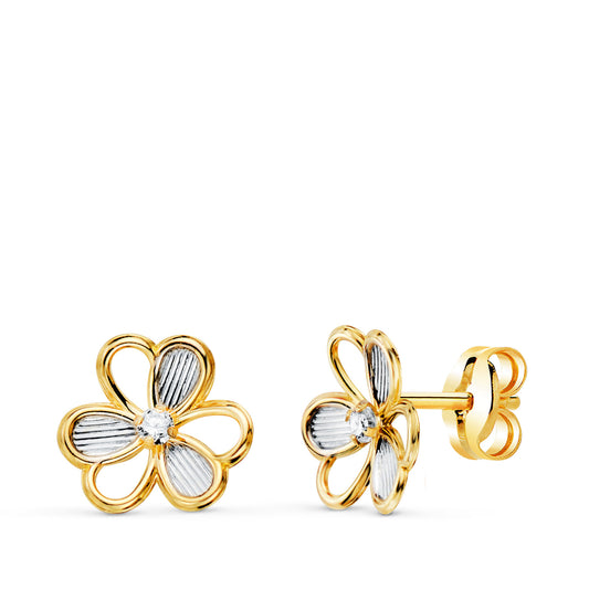 Pendientes Trébol Oro Bicolor 18K con Circonitas